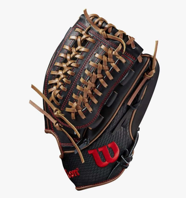 Wilson A2K D33 11.75 inch baseball glove with Black SuperSkin, Black SnakeSkin Pro Stock Leather, and Saddle Tan accents.
