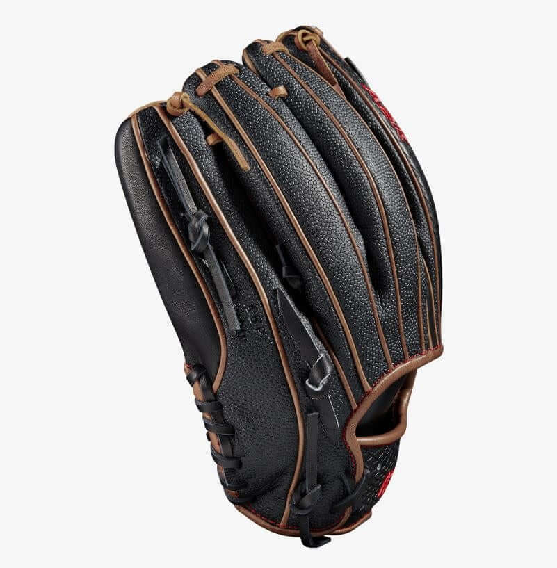 Wilson A2K D33 11.75 inch baseball glove with Black SuperSkin, Black SnakeSkin Pro Stock Leather, and Saddle Tan accents.