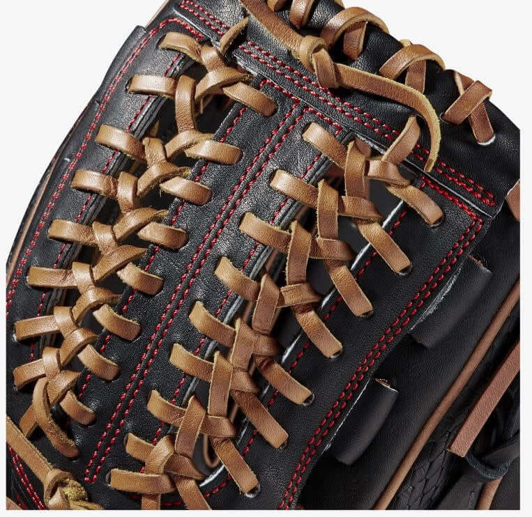 Wilson A2K D33 11.75 inch baseball glove with Black SuperSkin, Black SnakeSkin Pro Stock Leather, and Saddle Tan accents.