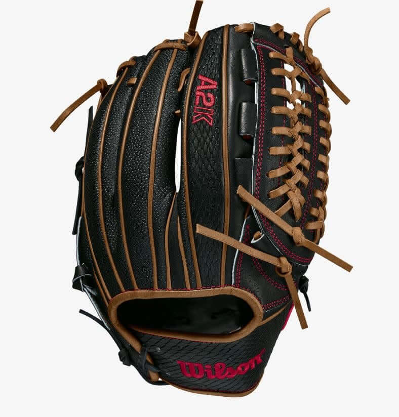 Wilson A2K D33 11.75 inch baseball glove with Black SuperSkin, Black SnakeSkin Pro Stock Leather, and Saddle Tan accents.
