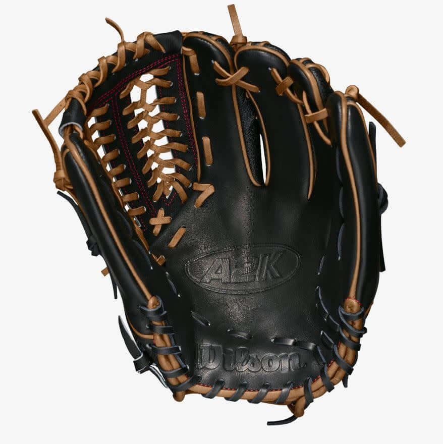 Wilson A2K D33 11.75 inch baseball glove with Black SuperSkin, Black SnakeSkin Pro Stock Leather, and Saddle Tan accents.
