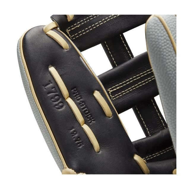 A2000 1799SS baseball glove with Grey SuperSkin and Black/Blonde Pro Stock Leather, 12.75-inch Dual Post Web.