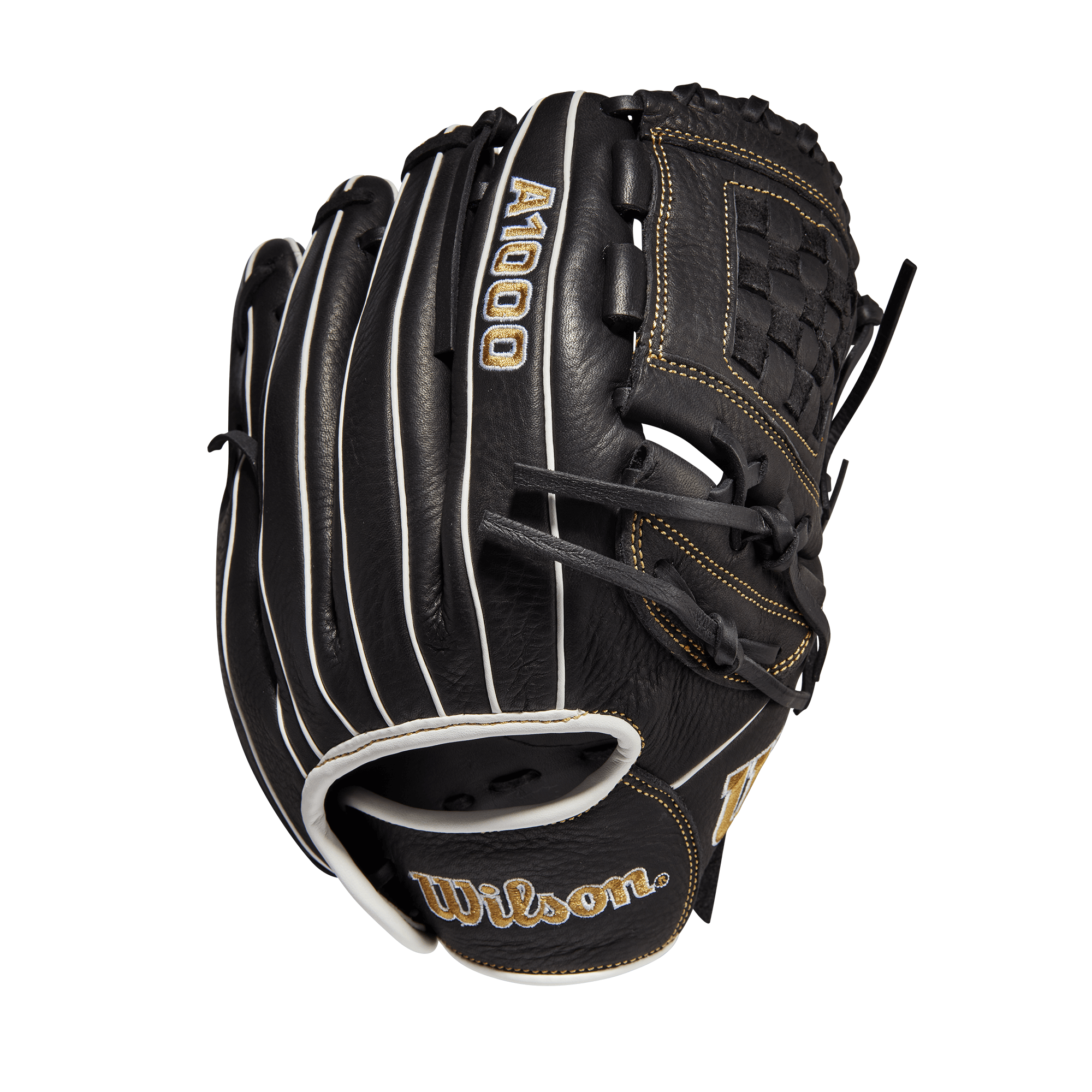 Wilson A1000 Fastpitch P12 black leather glove with closed two-piece weave web for utility players, 12-inch