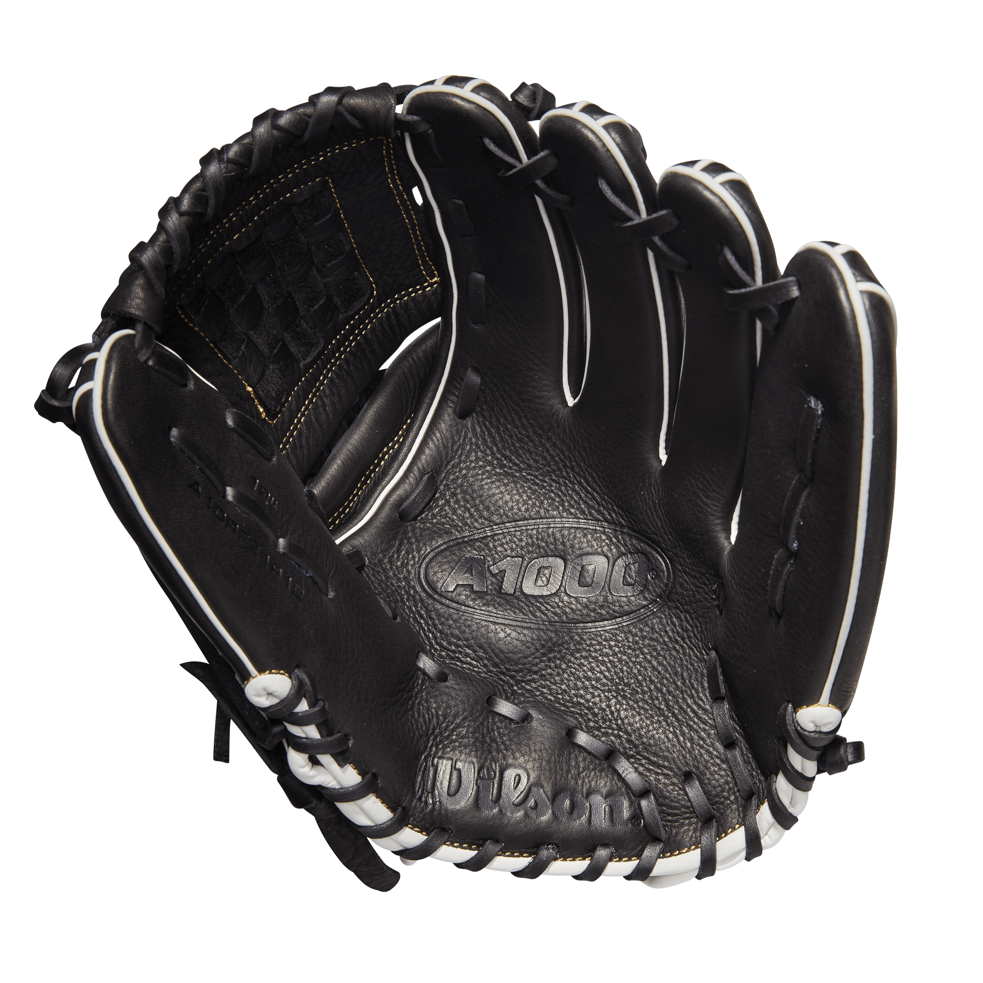 Wilson A1000 Fastpitch P12 black leather glove with closed two-piece weave web for utility players, 12-inch