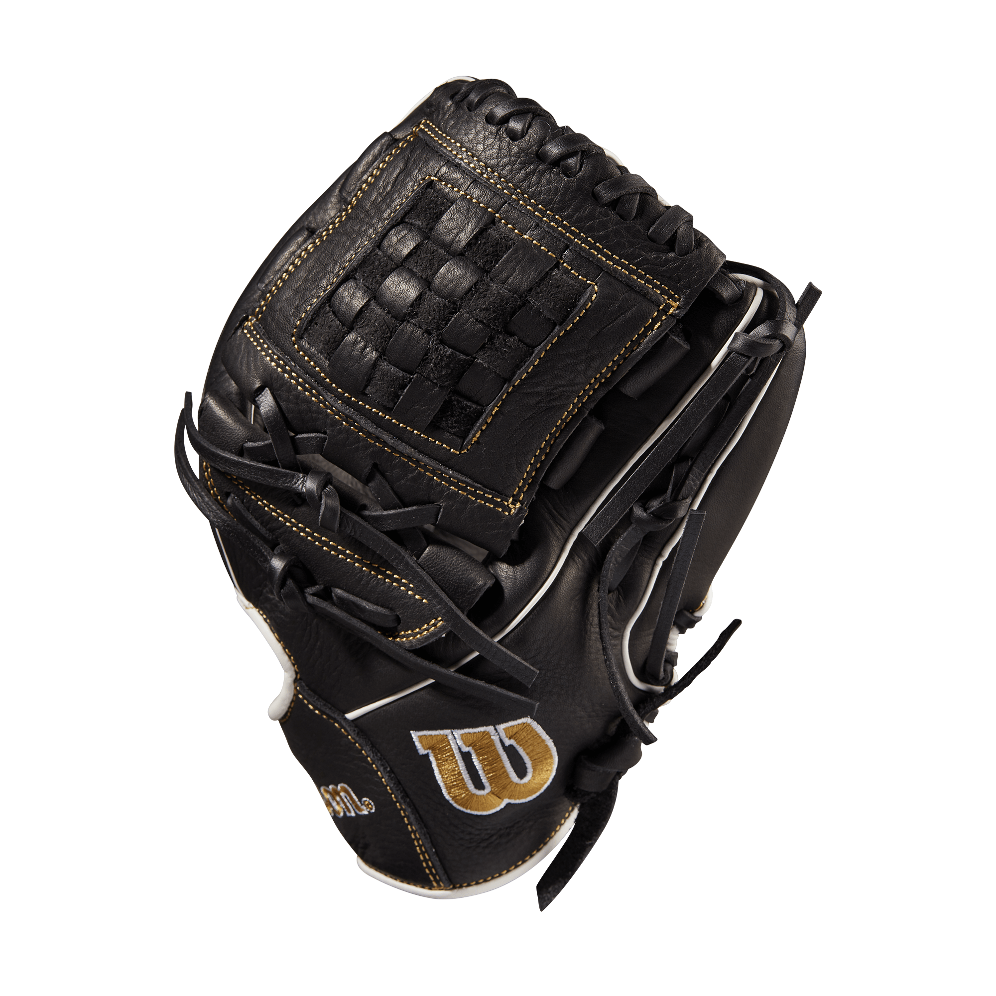 Wilson A1000 Fastpitch P12 black leather glove with closed two-piece weave web for utility players, 12-inch