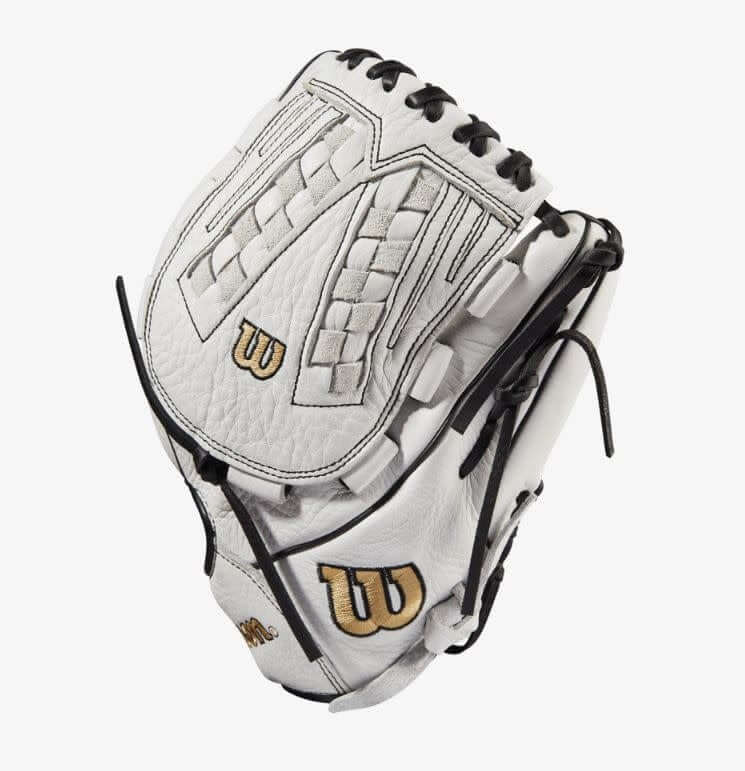 Wilson A1000 Fastpitch glove, 12.5 inch, white/white/black & blonde, full-grain leather, LHT