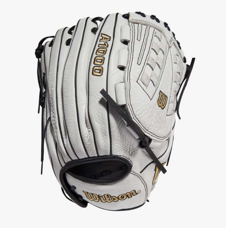 Wilson A1000 Fastpitch glove, 12.5 inch, white/white/black & blonde, full-grain leather, LHT