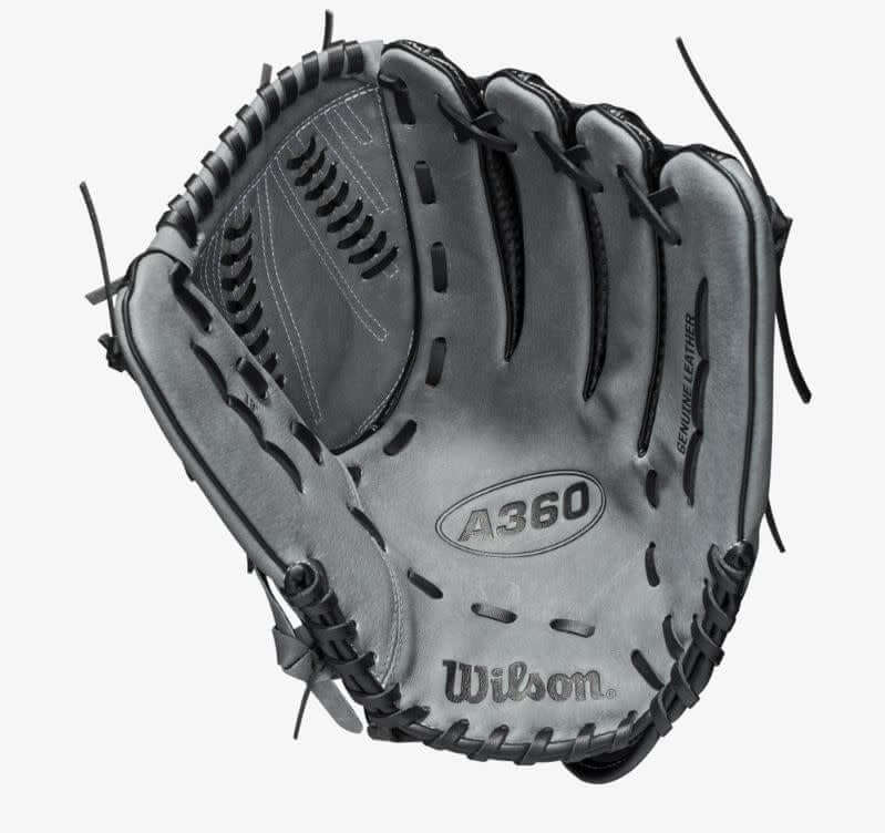 Wilson A360 Slowpitch 13-inch glove in black, graphite, and white, featuring Closed V-Laced Web.