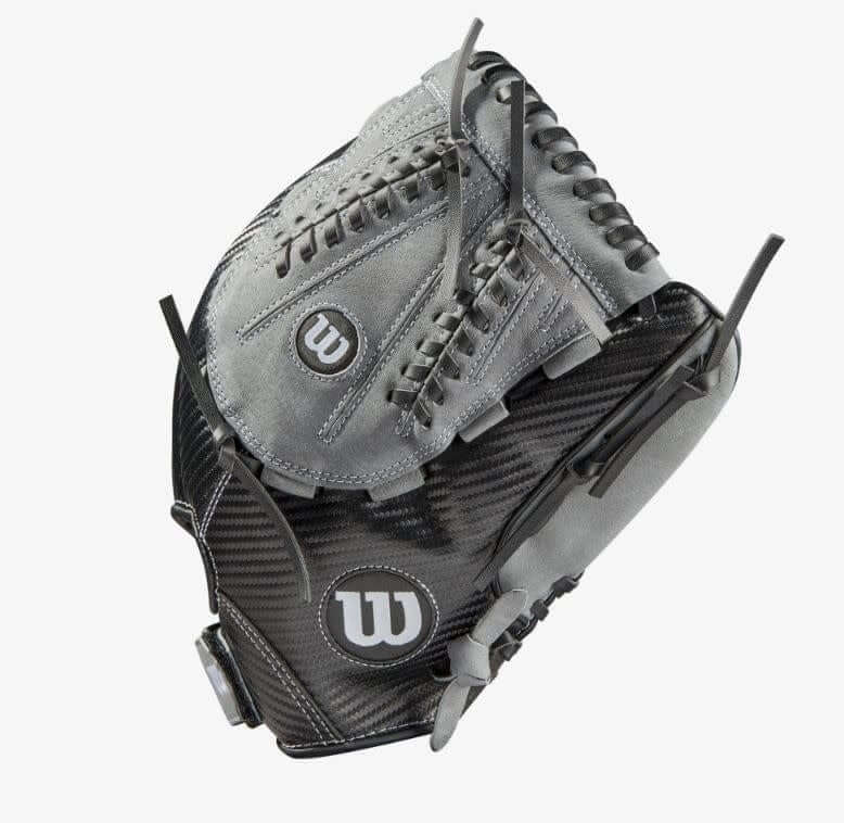 Wilson A360 Slowpitch 13-inch glove in black, graphite, and white, featuring Closed V-Laced Web.