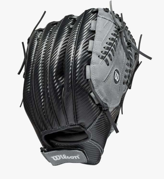 Wilson A360 Slowpitch 13-inch glove in black, graphite, and white, featuring Closed V-Laced Web.