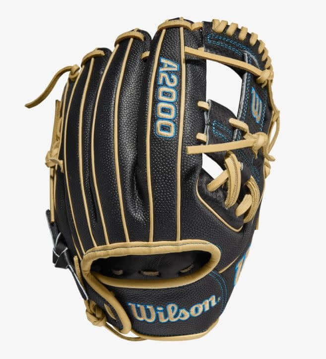 Wilson A2000 Pedroia Fit DP15 glove with Spin Control Technology and H-Web, 11.5 inches, black and blonde color