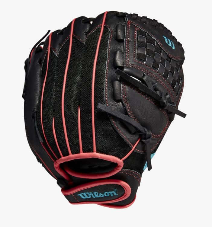 Wilson Flash 11.5-inch Fastpitch Infield Glove, Black/Pink/Tropical Blue, for Left-Hand Throw