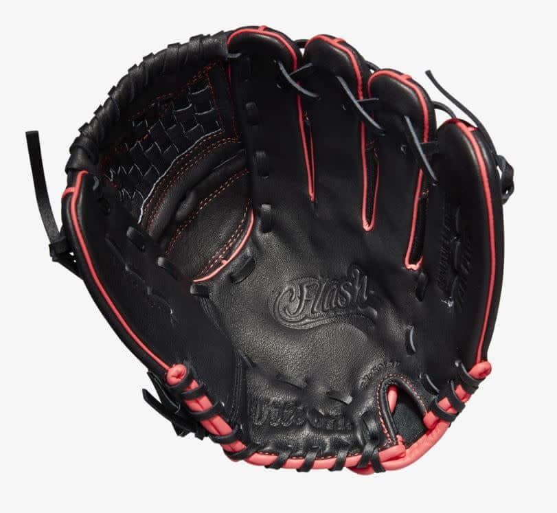 Wilson Flash 11.5-inch Fastpitch Infield Glove, Black/Pink/Tropical Blue, for Left-Hand Throw