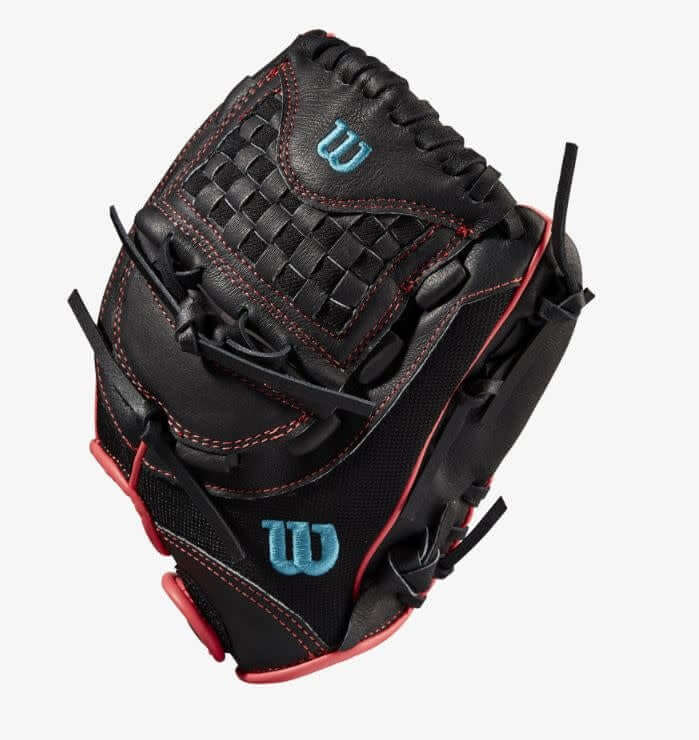 Wilson Flash 11.5-inch Fastpitch Infield Glove, Black/Pink/Tropical Blue, for Left-Hand Throw