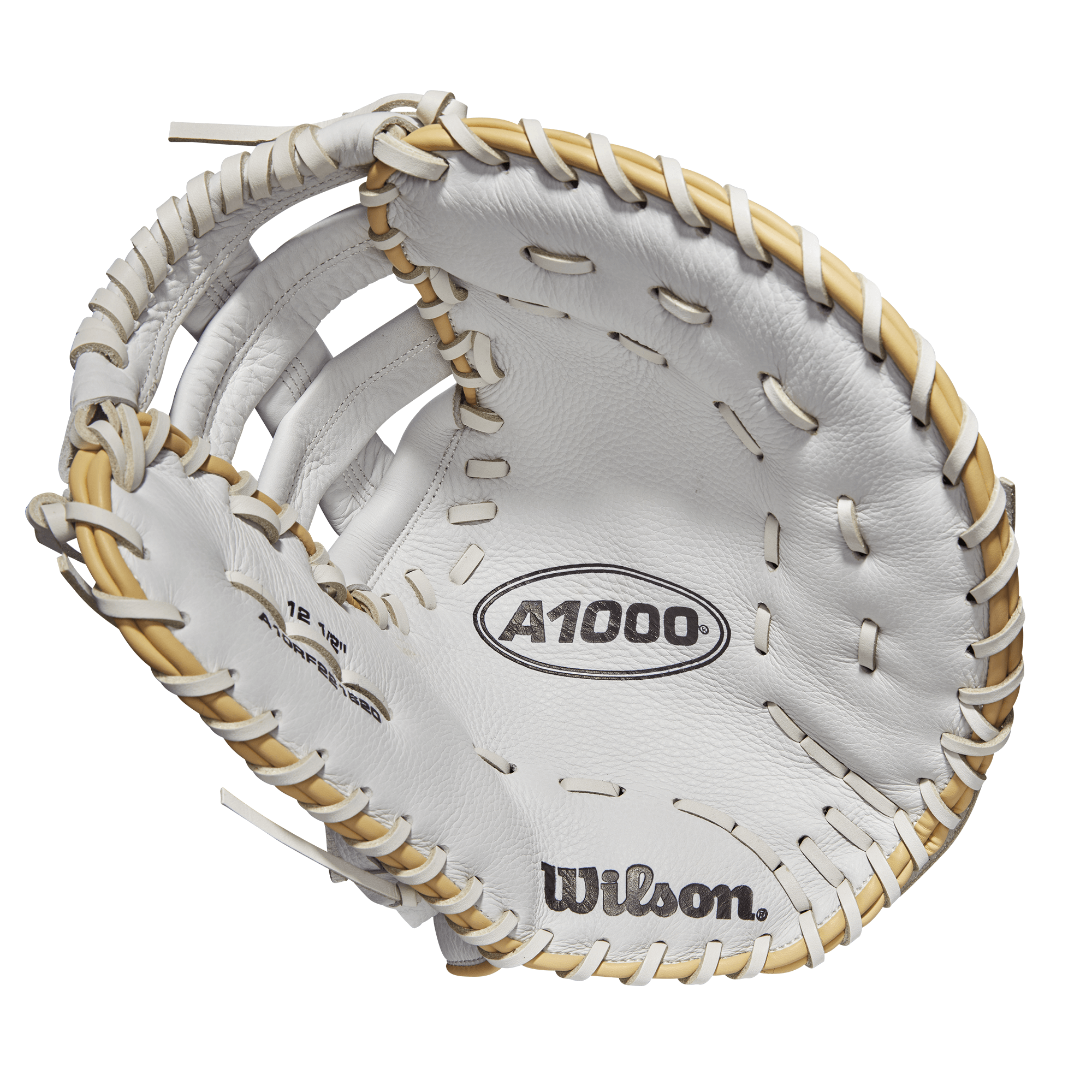 Wilson A1000 Fastpitch 1620 1B Mitt 12.5, White/Blonde/Grey, Single Post & 3 Bar Web