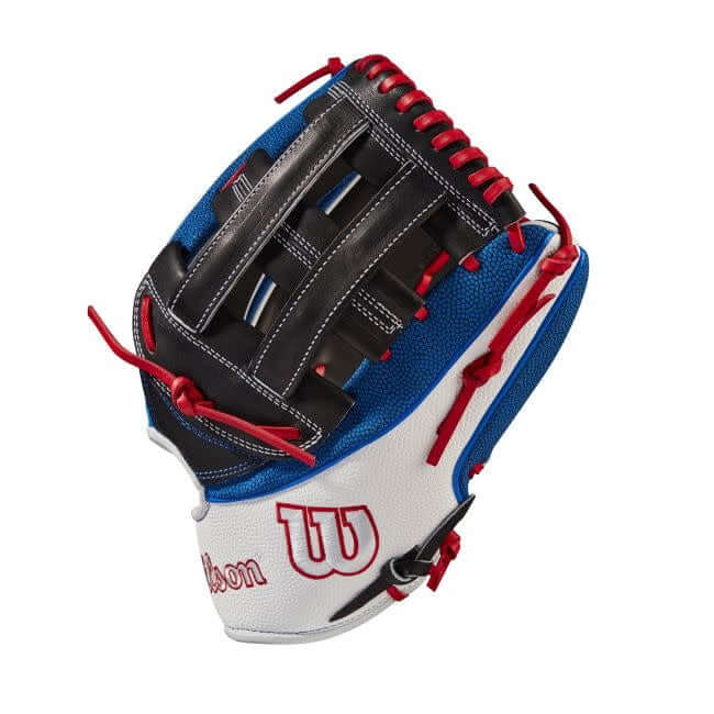 Wilson A2K Mookie Betts 12.5 outfield glove, Black/White/Royal/Red, Pro Stock Leather, Dual Post Web.