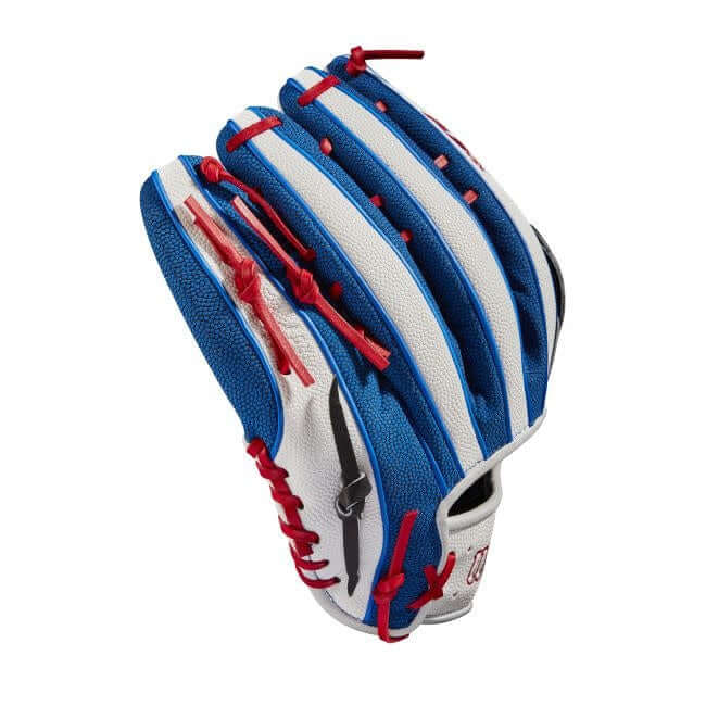 Wilson A2K Mookie Betts 12.5 outfield glove, Black/White/Royal/Red, Pro Stock Leather, Dual Post Web.