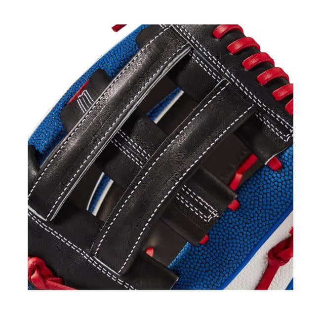 Wilson A2K Mookie Betts 12.5 outfield glove, Black/White/Royal/Red, Pro Stock Leather, Dual Post Web.