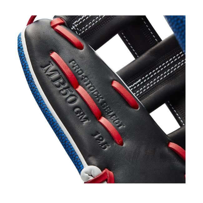 Wilson A2K Mookie Betts 12.5 outfield glove, Black/White/Royal/Red, Pro Stock Leather, Dual Post Web.