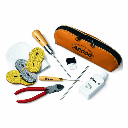 Wilson A2000 Glove Care Kit with rawhide lace, lacing tool, awl, cutters, needles, glove oil, brush, and leather bag