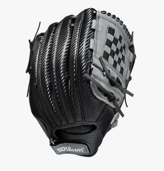 Wilson A360 12.5 youth baseball glove, black/carbon/white, LHT, lightweight CarbonLite Shell.