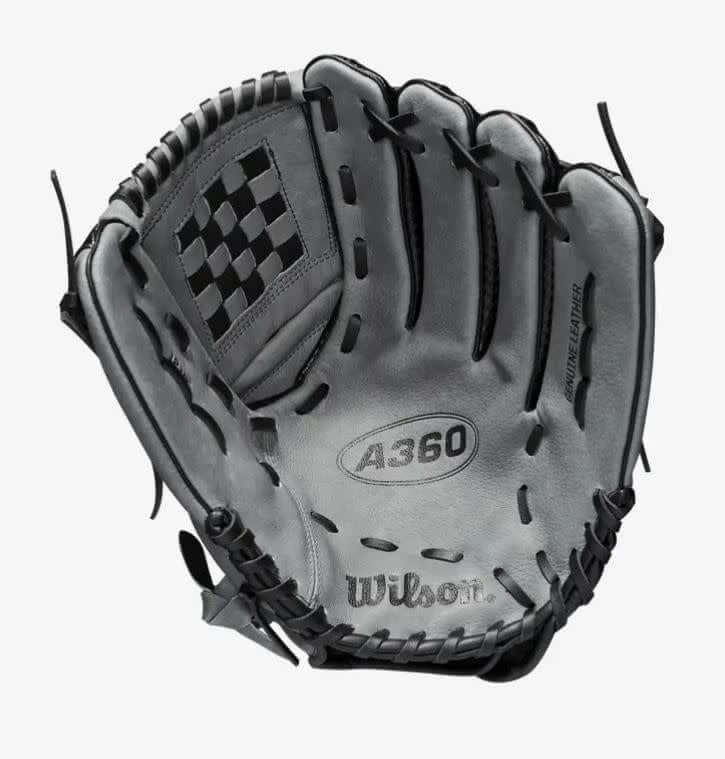 Wilson A360 12.5 youth baseball glove, black/carbon/white, LHT, lightweight CarbonLite Shell.
