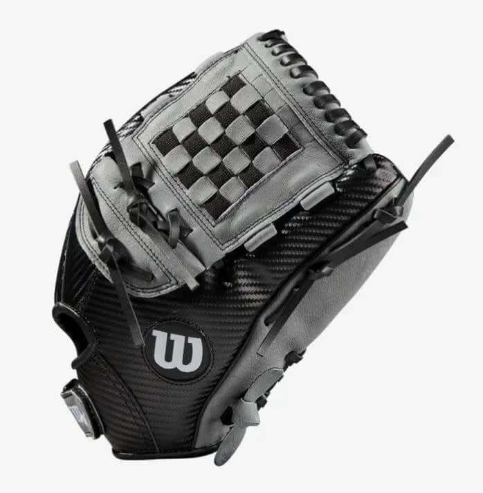 Wilson A360 12.5 youth baseball glove, black/carbon/white, LHT, lightweight CarbonLite Shell.