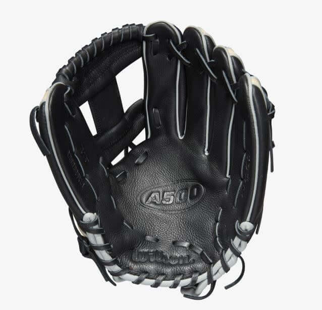 Wilson A500 11.5-inch Youth Baseball Glove in Black/Blonde/Red, durable leather with Quick Fit Wrist.