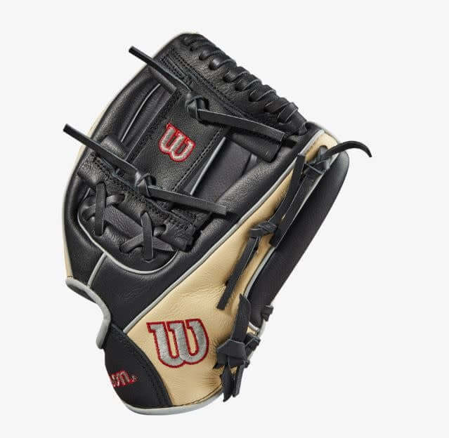 Wilson A500 11.5-inch Youth Baseball Glove in Black/Blonde/Red, durable leather with Quick Fit Wrist.