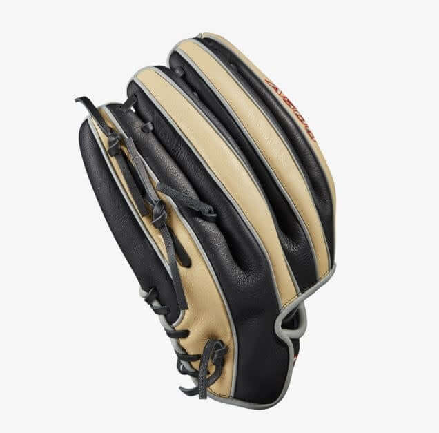 Wilson A500 11.5-inch Youth Baseball Glove in Black/Blonde/Red, durable leather with Quick Fit Wrist.