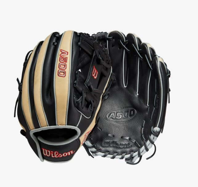 Wilson A500 11.5-inch Youth Baseball Glove in Black/Blonde/Red, durable leather with Quick Fit Wrist.