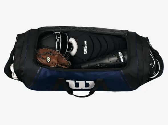 Wilson Equipment Bag Black large main compartment fits helmets, gloves, cleats, and catcher's gear.