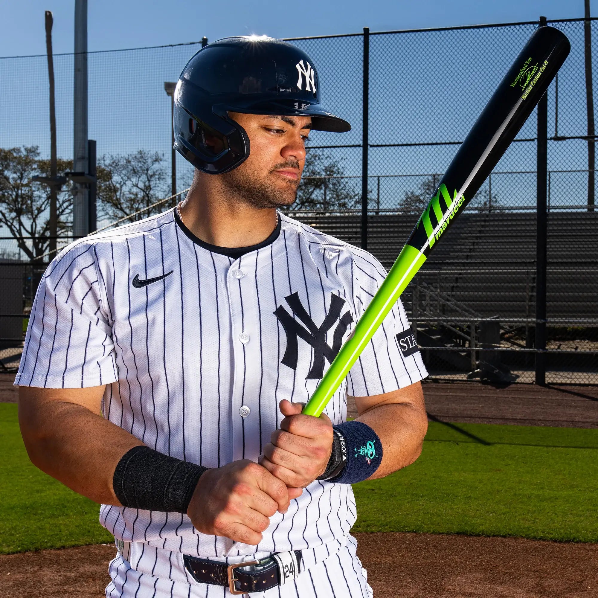 Jason Dominguez holding his marucci wood baseball bat signature model