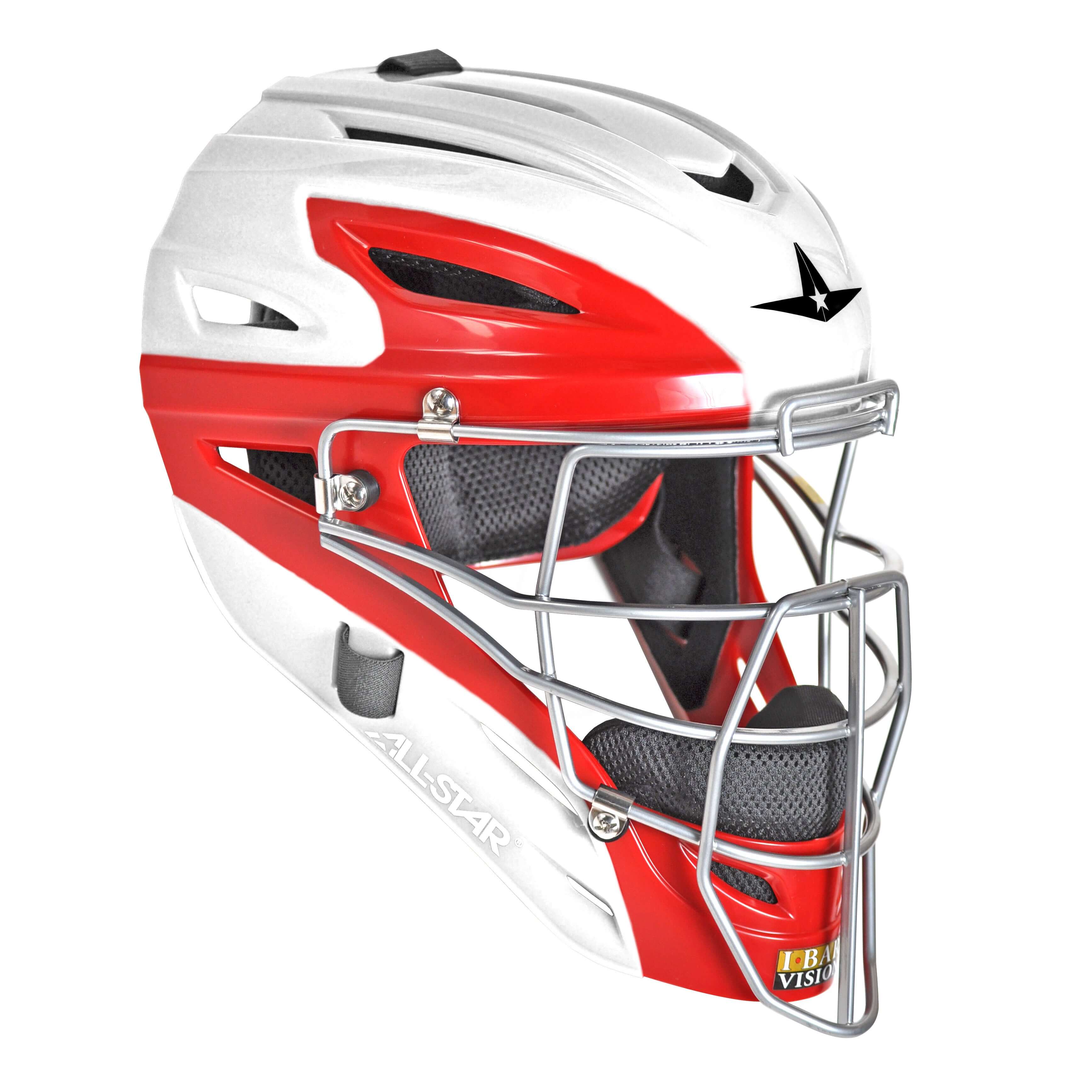 All-Star AFx Fastpitch Helmet in white and red, designed for maximum vision and protection, SEI certified, high impact resistant.