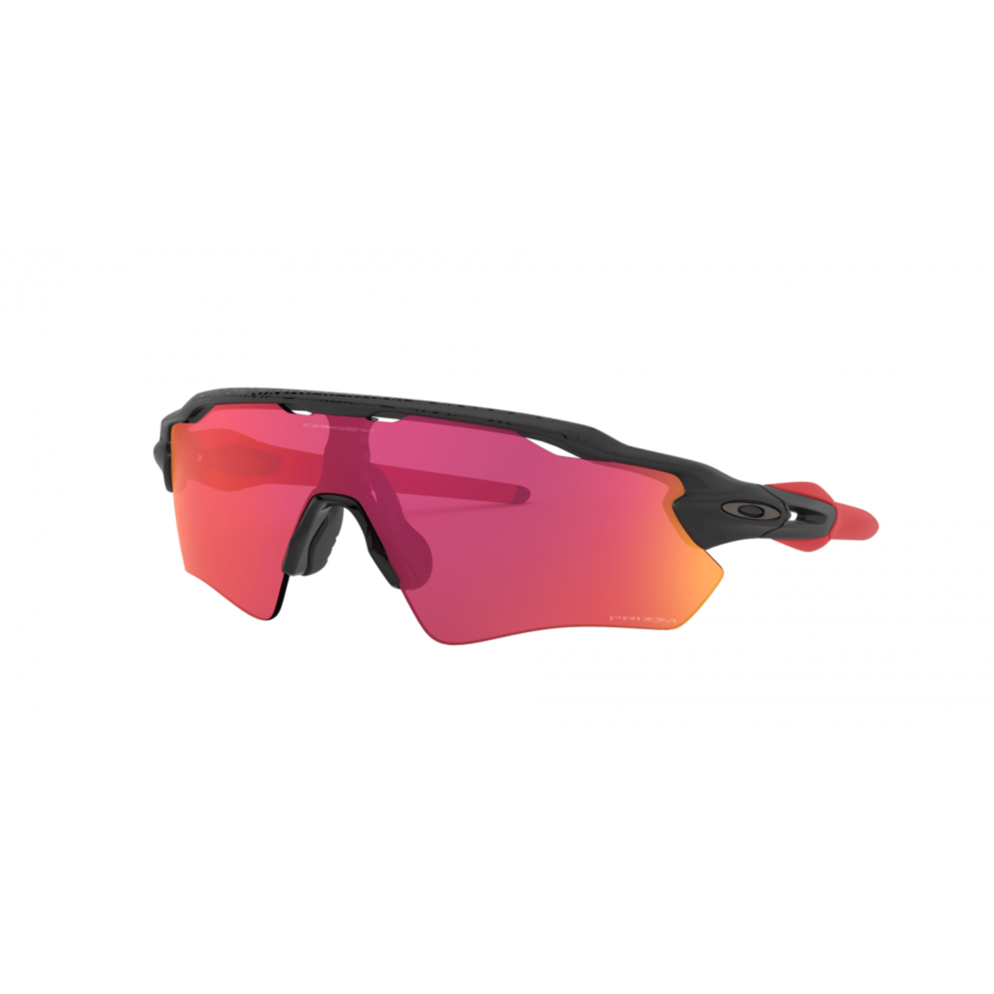 Sporty sunglasses with red tinted lenses and black rim
