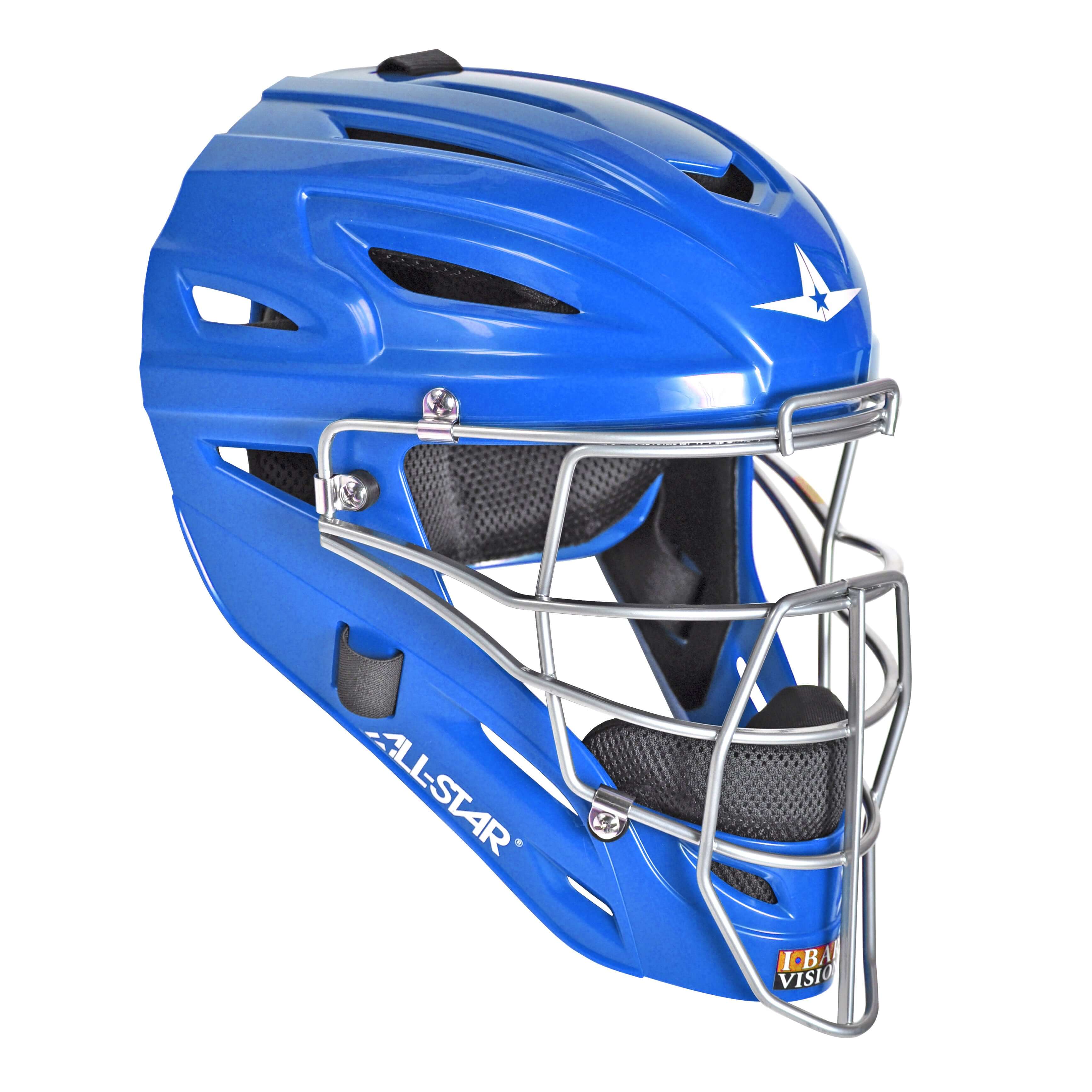 All-Star S7 AXIS Helmet in blue with I-BAR VISION cage, designed for ages 9-12, featuring removable moisture-wicking liner.