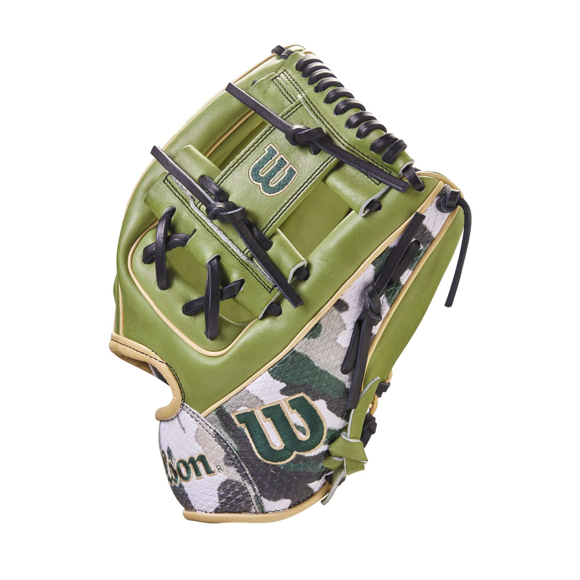 Wilson A2000 11.75" glove in olive green and camouflage SuperSnakeSkin™ for improved control and moisture resistance.