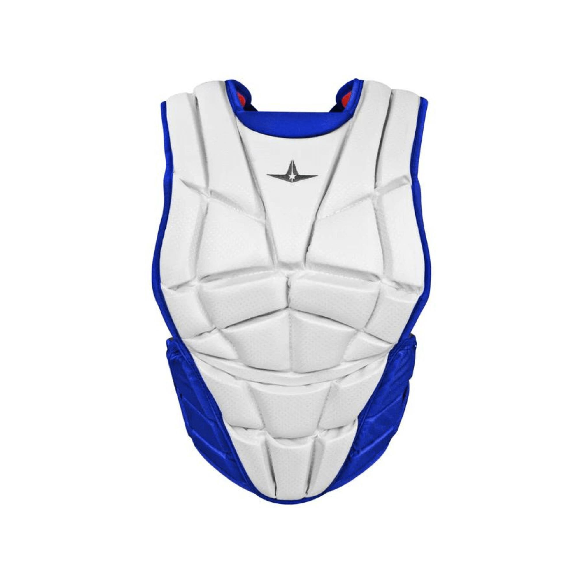 All-Star AFx Fastpitch Chest Protector in white and royal blue, designed for elite female catchers with a breathable back.
