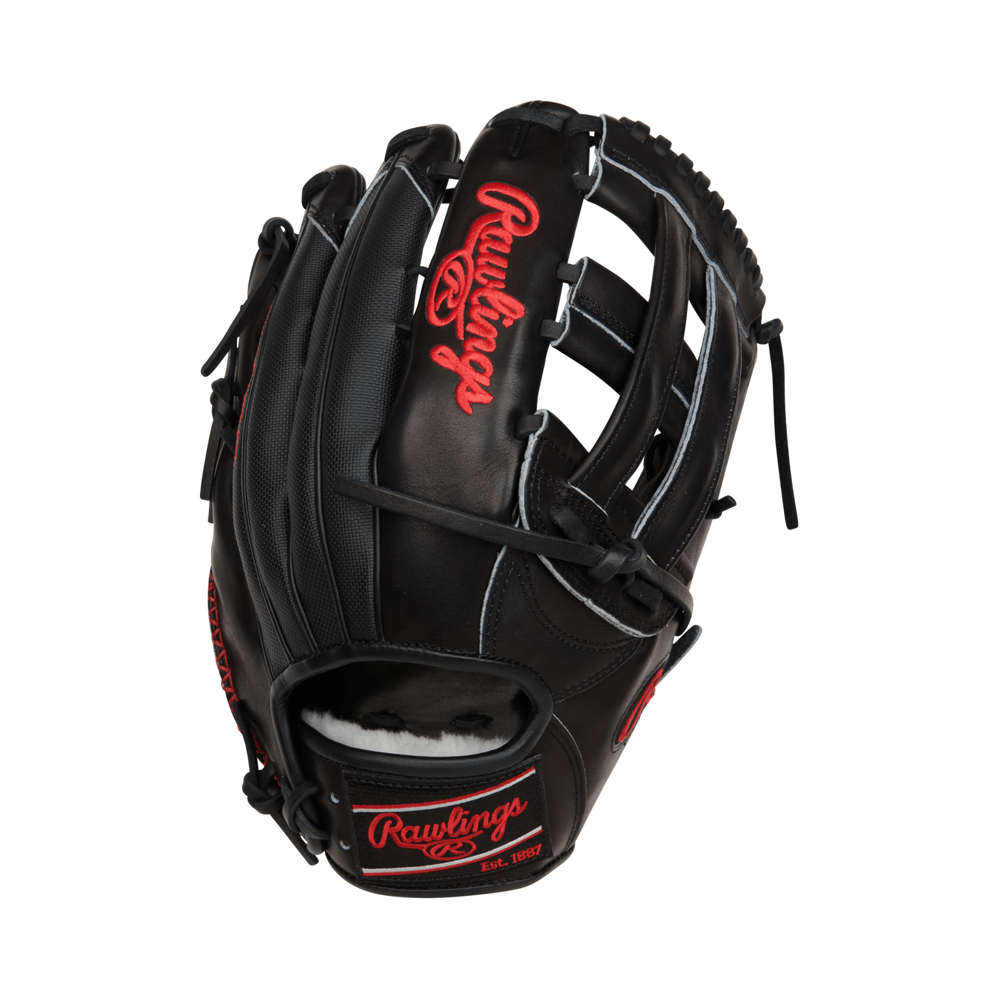 Rawlings Pro Preferred 12.75" outfield glove in black with red accents, crafted from high-quality kip leather.
