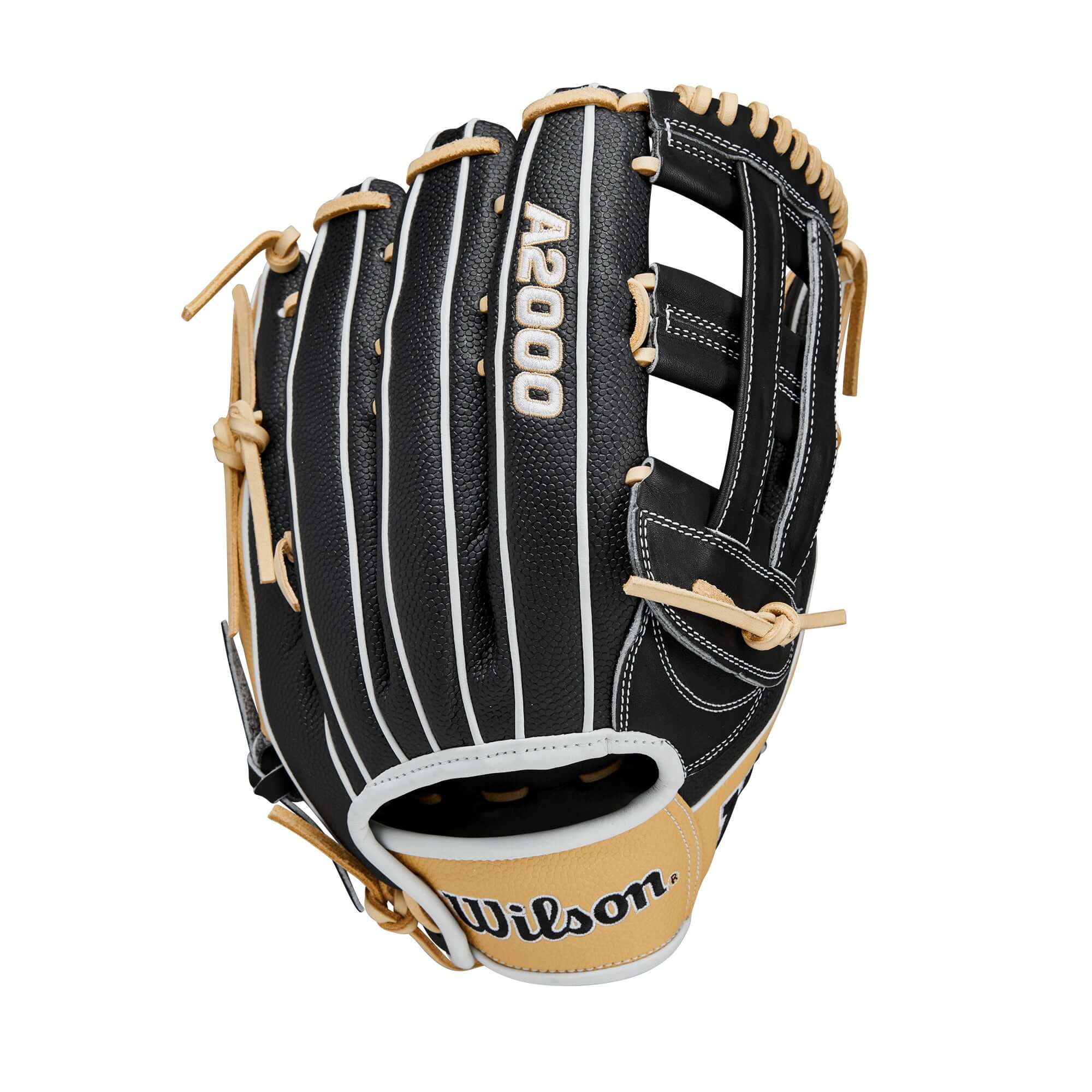 Wilson 2024 A2000 PF50SS 12.25" outfield glove in black and tan, designed for advanced outfielders with smaller hands.