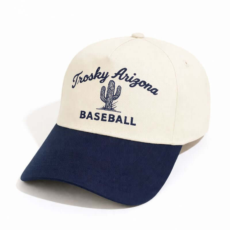 Trosky Cactus Cream/Navy A-Frame Snapback cap featuring cactus design and baseball logo.