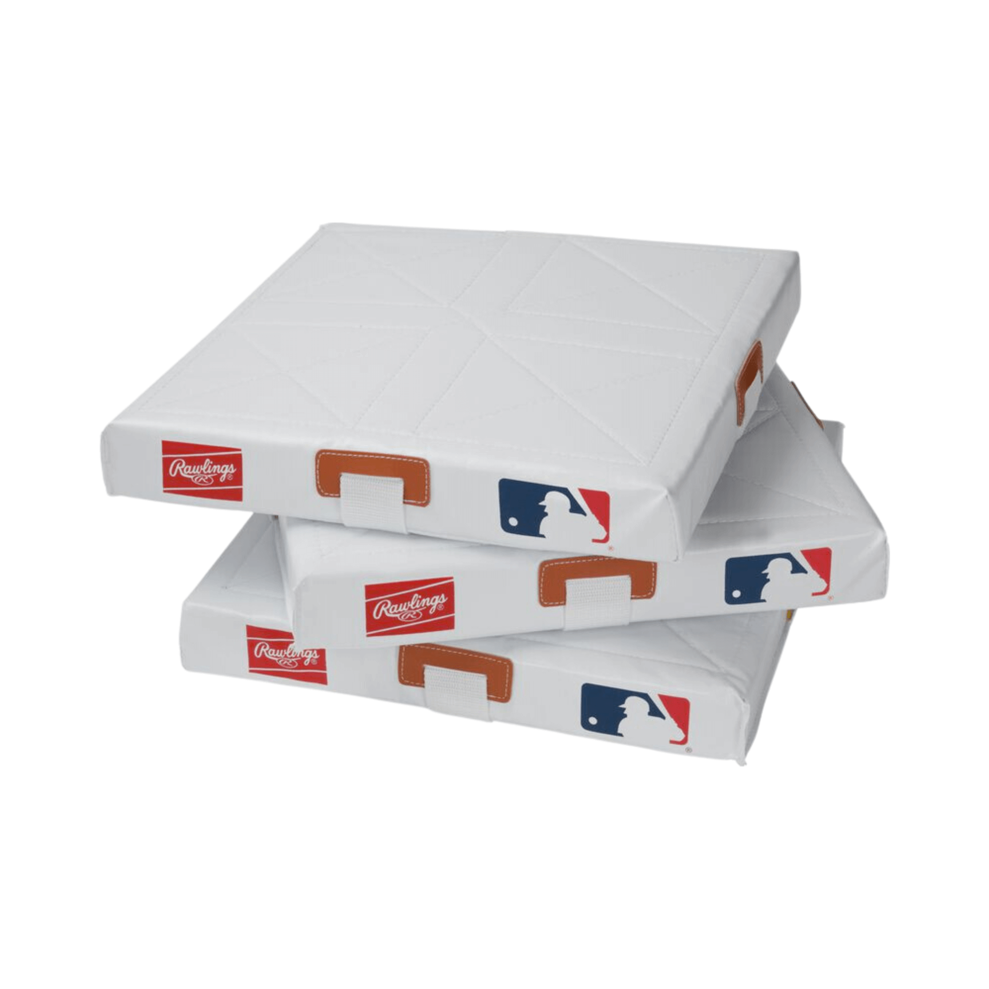 Rawlings quilted base set of 3 youth baseball bases with durable covers and MLB logos, each measuring 14" x 14" x 2".