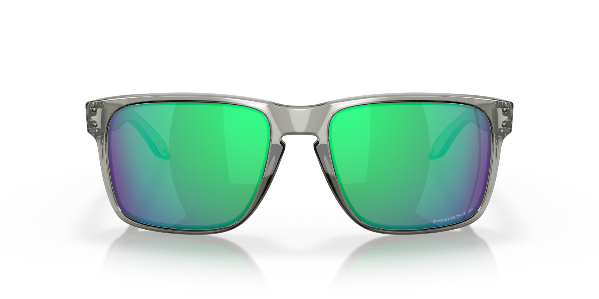 Front view of Oakley Holbrook XL with Gray Ink frame, iconic metal rivets, and Prizm Jade Polarized lenses