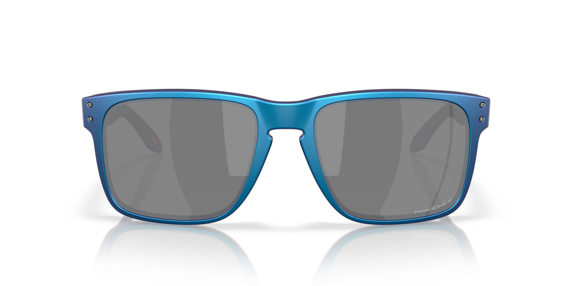 Front view of Oakley Holbrook XL with Matte Cyan/Blue frame, iconic rivets, and Prizm Black Polarized lenses for a stylish look