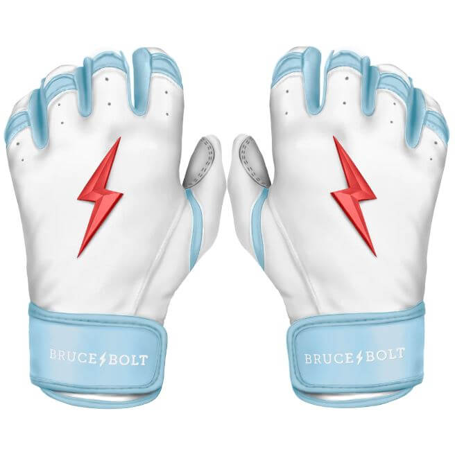Bruce Bolt Youth Premium Pro Happ Series Short Cuff Batting Gloves with Chicago flag colors and bold lightning design.