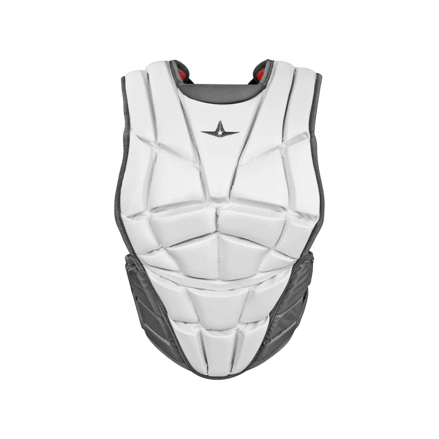 All-Star AFx Fastpitch Chest Protector in white and gray, designed for elite female catchers with lightweight, breathable features.