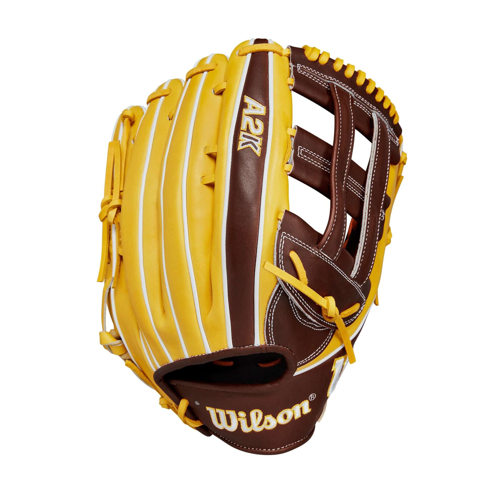 Wilson A2K Juan Soto Game Model LHT 12.5" outfield glove in dark brown and yellow gold with Dual Post Web design.