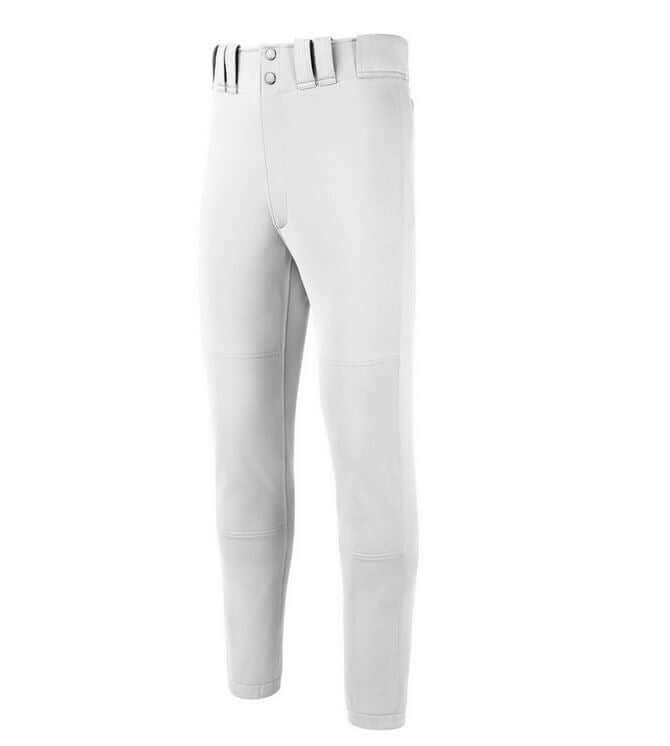 Mizuno Premier Pant Full Length White, durable baseball pants with tunnel-belt-loop waist and two-snap closure.