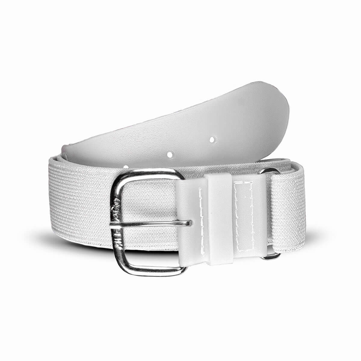 All-Star 1-1/2" Helix adjustable elastic belt in white with nickel-finished buckle and solid PVC tabs. Durable and stylish accessory.