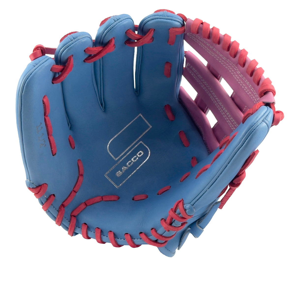 Sacco Ultra Smooth Pro Grade Kip Cotton Candy H-Web 11.5 baseball glove LHT in blue and pink, designed for elite infielders.